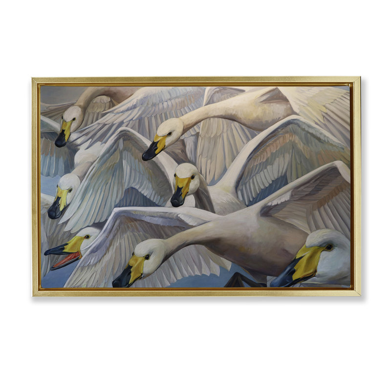 Cadre flottant Graceful Swans in Flight, design par Violeta Vollmer, Cadre flottant métallique doré, H 21 po x l 31 po