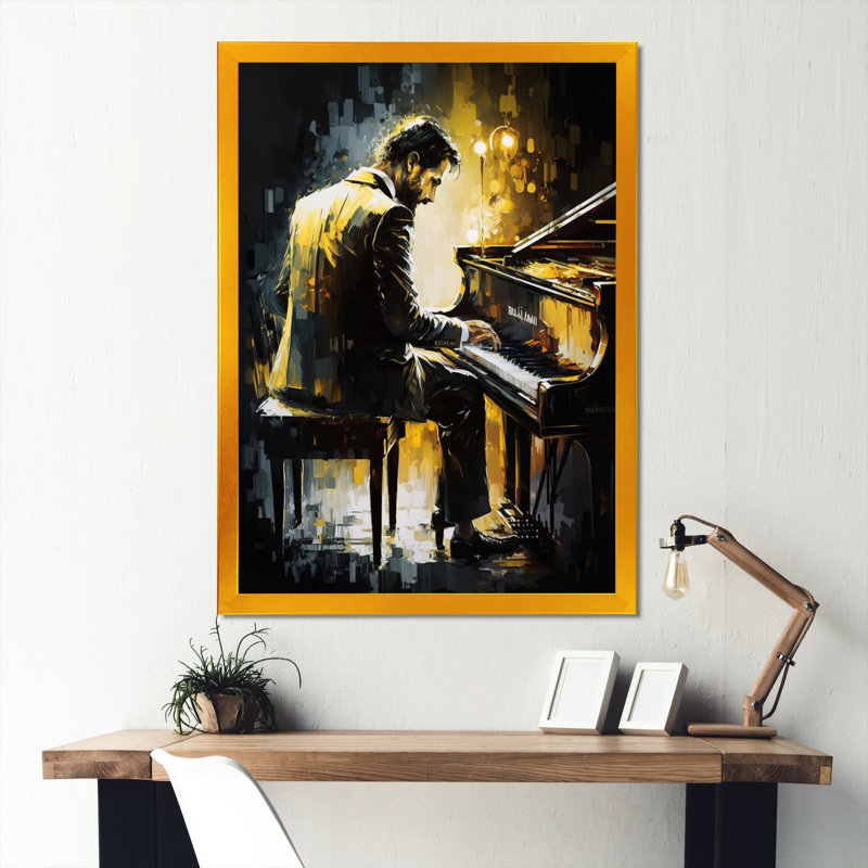 «Man jouant du piano I», reproduction sur toile, H 40 po x l 30 po x P 1,5 po, Impression dorée sur toile encadrée