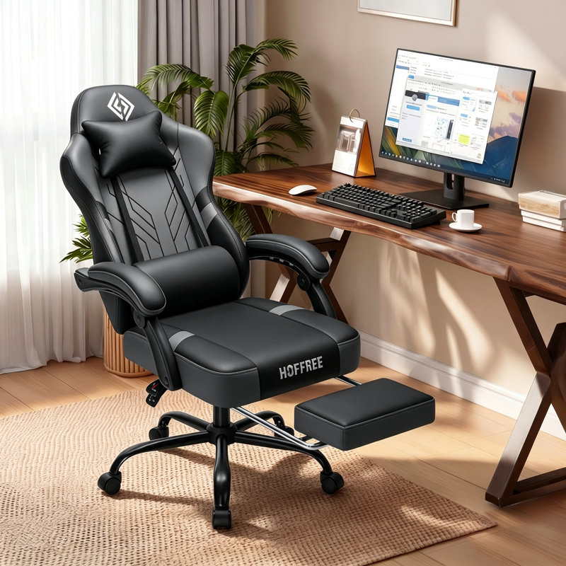 Fauteuil de jeu ergonomique en similicuir chauffant et massant avec fonction de vibration à 7 points en noir / gris