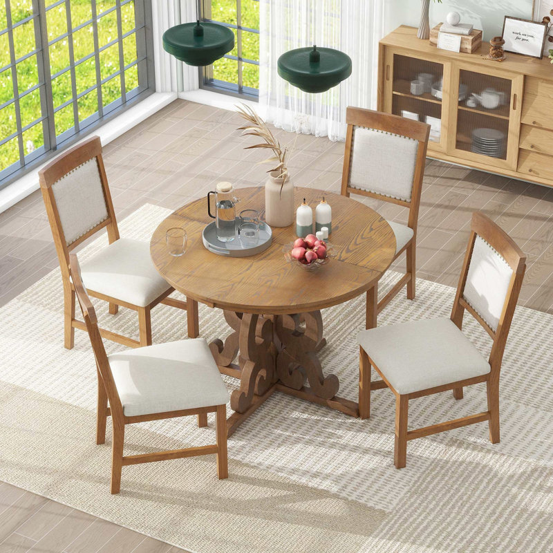 5 tables de salle à manger en noyer - table ovale extensible et 4 chaises rembourrées, Noyer, Noyer