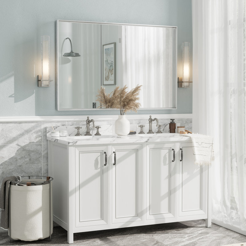 Aevar Tempered Glass and Aluminum Alloy Framed French Cleat Mounted Wall Mirror with 5-Year Warranty, 48" x 32"
