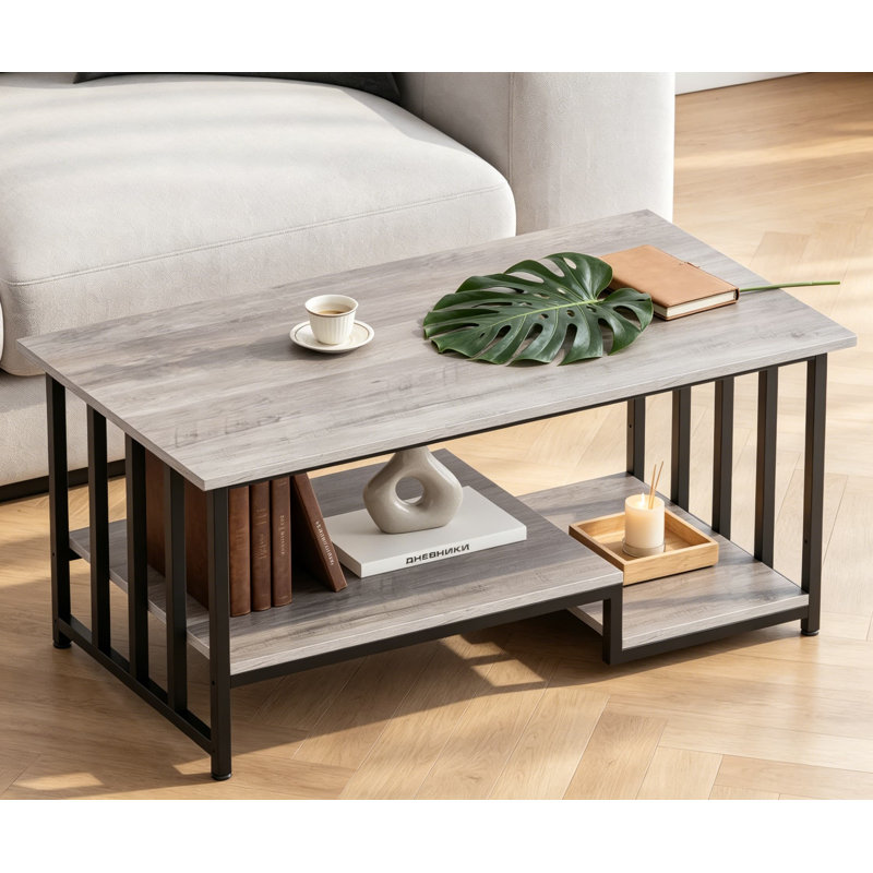 Table basse de ferme 39 po à 2 niveaux avec rangement, table de bout rectangulaire rustique en bois pour le salon, petit espace, facile à assembler, gris délavé