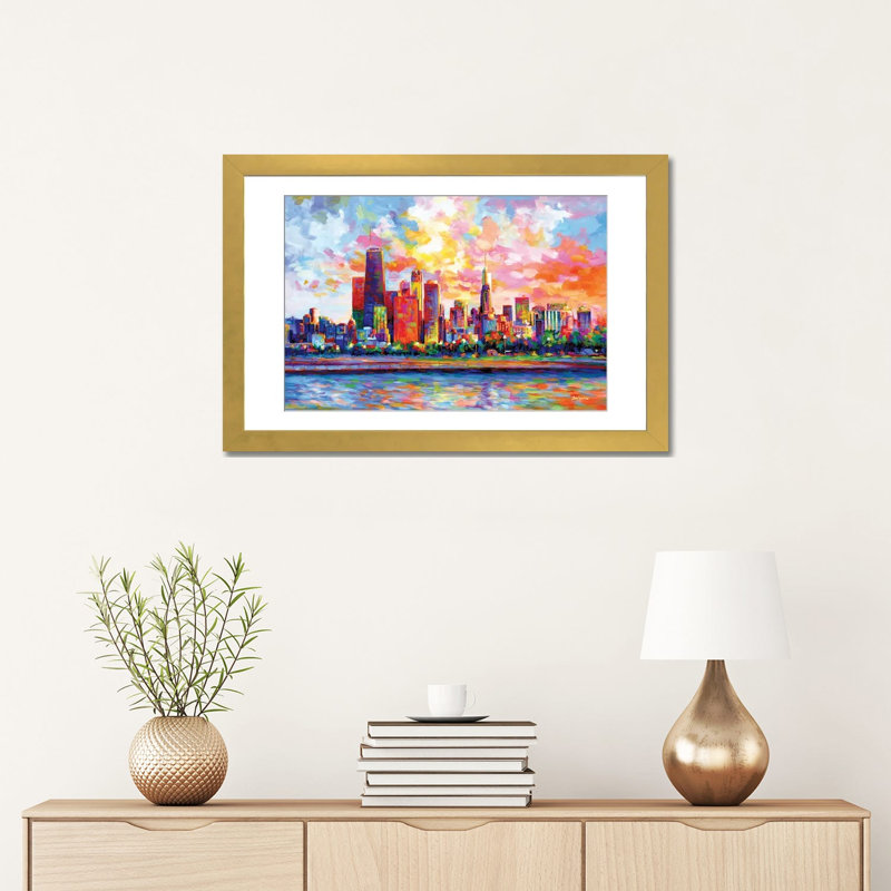 Chicago Skyline by Leon Devenice iCanvas, 16" H x 24" W x 1" D, Gold Open Corner Frame Paper