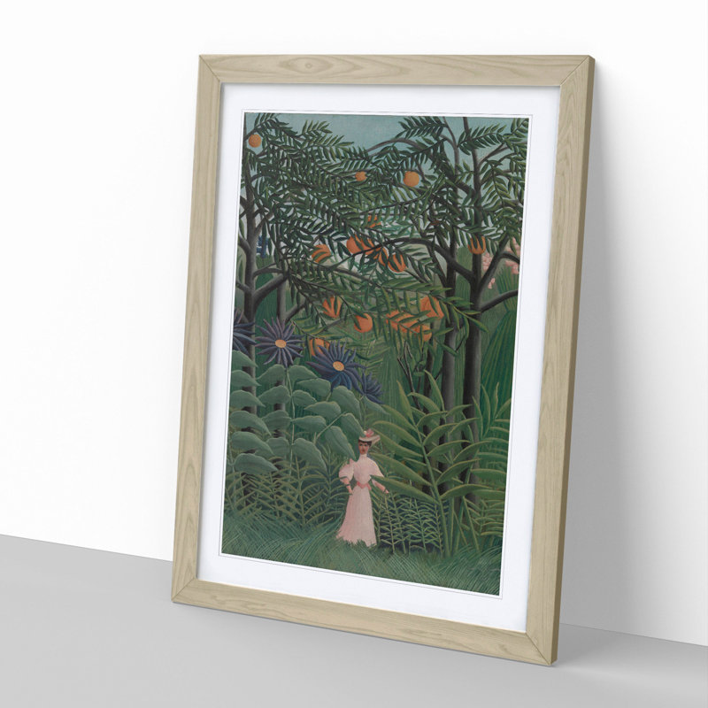 Woman Walking in an Exotic Forest by Henri Rousseau - Picture Frame Painting, 90cm H x 65cm W x 2cm D, Oak