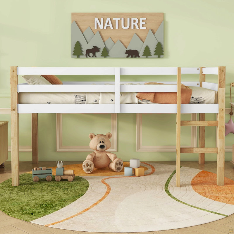 Lit mezzanine simple en bois massif et bois d'hévéa avec échelle, Natural/White