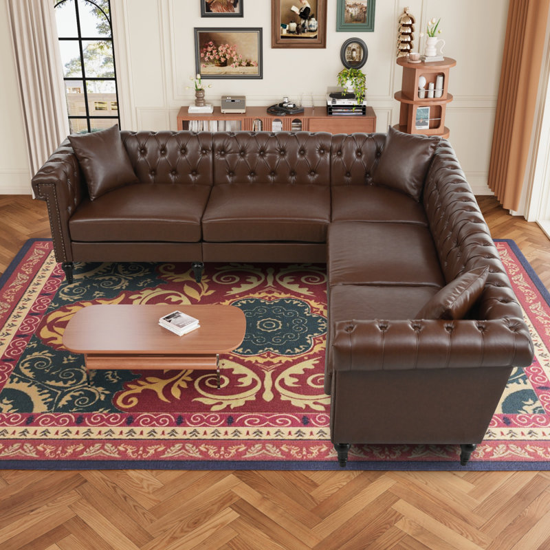 Canapé modulaire réversible en L Chesterfield, Simili cuir brun foncé