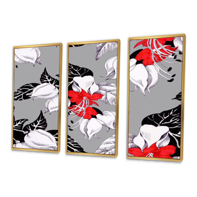 «Blossoming Red Flowers with Black Leaves», reproduction sur toile flottante 3 pièces