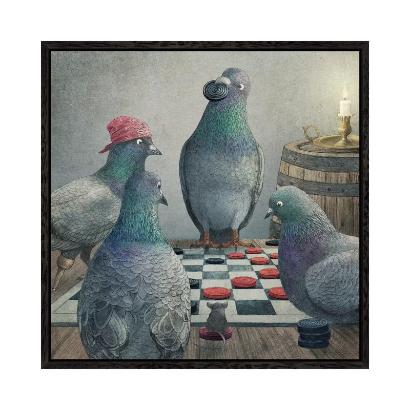 Checker Playing Pigeons by Terry Fan - Print on Canvas, Black Framed, 66.04 cm H x 66.04 cm W