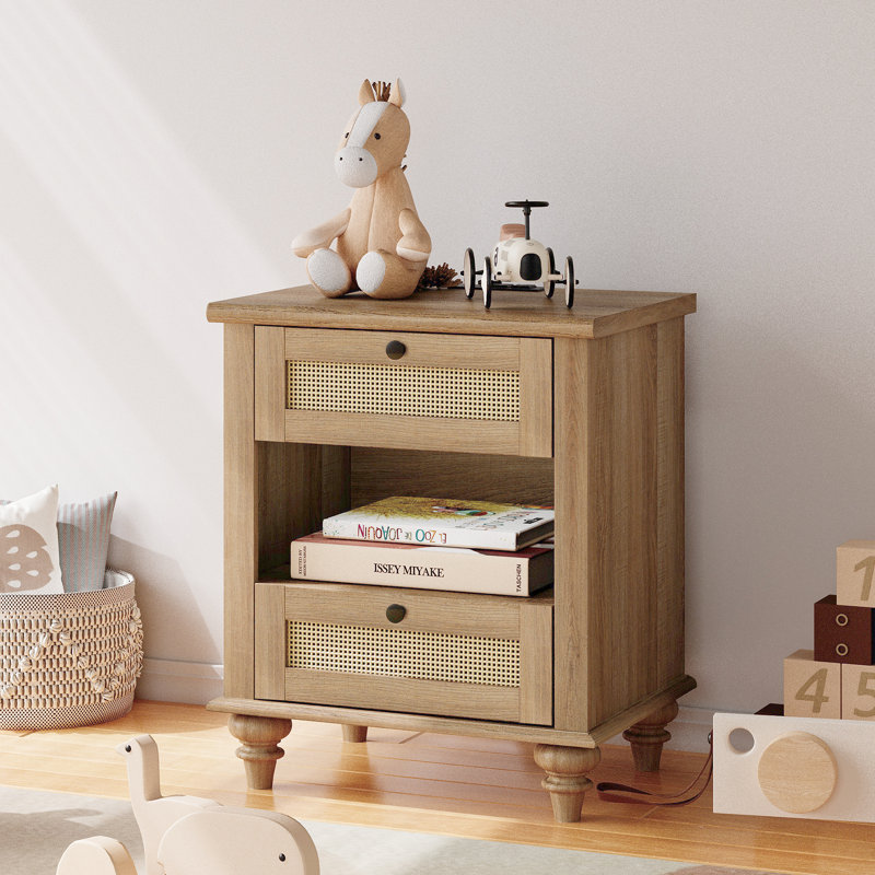 Table de chevet en rotin pour enfants avec station de charge pour chambre d'enfant