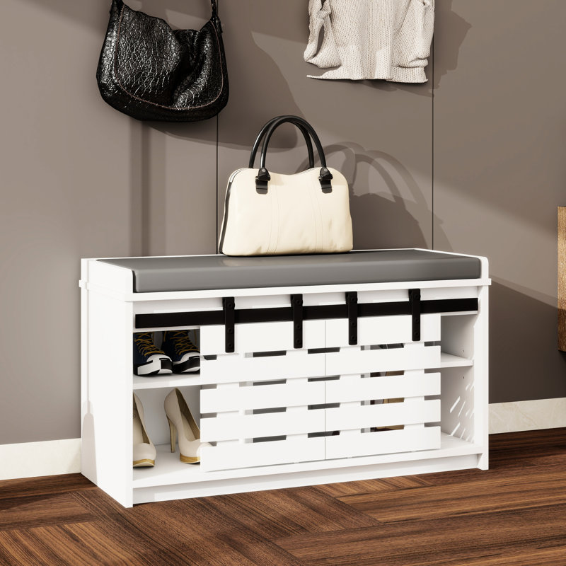 Banc de rangement élégant pour chaussures avec portes coulissantes et siège amovible - Rangement blanc pour plusieurs pièces