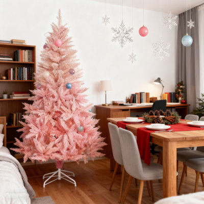 6 FT Pink Artificial Christmas Tree with Realistic PVC Branches,Detachable and Foldable Base,Easy Assembly Christmas Interior Decor Tree