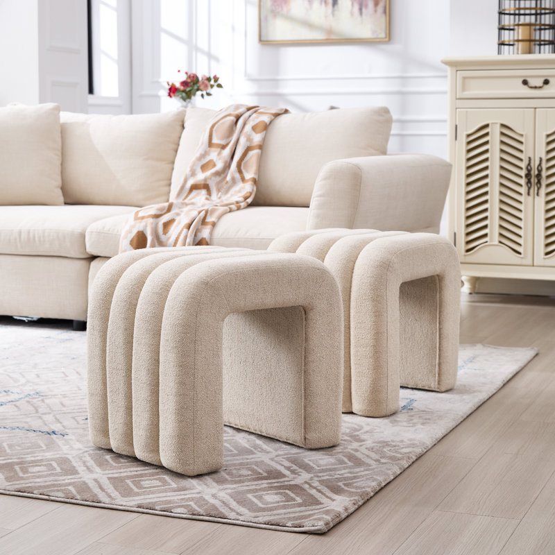 Rienna Yuna Modern U Shaped Waterfall Ottoman 19.3" Wide Beige Linen Vanity Stool with Ribbed Tufting, Beige