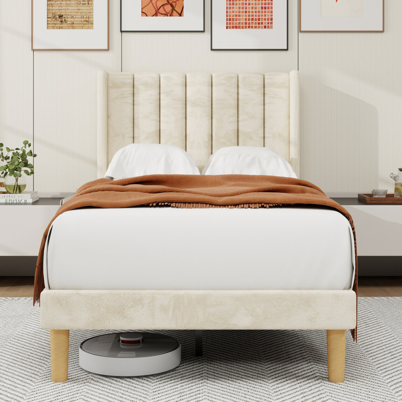 Sutter Upholstered Wingback Bed, Twin, Beige