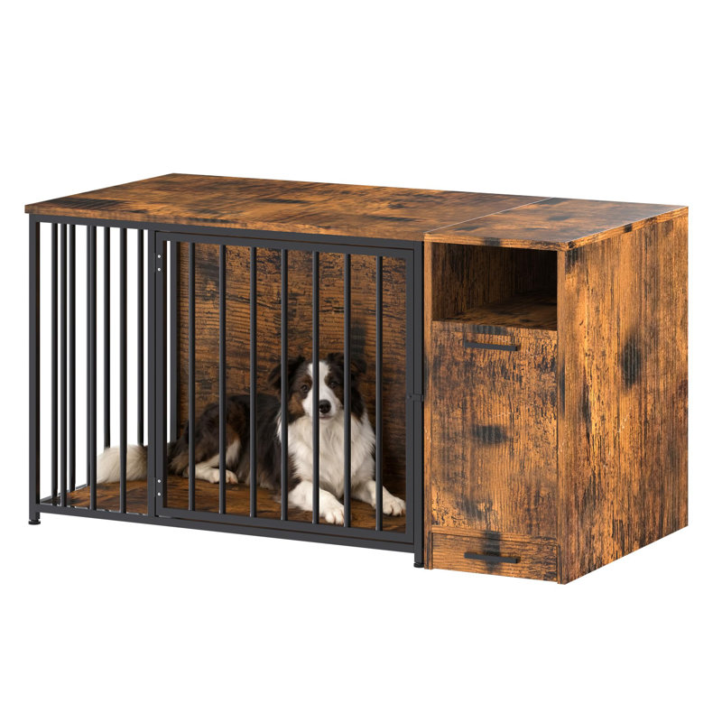 Meuble de cage pour chien avec armoire de rangement, chenil décoratif en bois et en acier de 42 pouces,