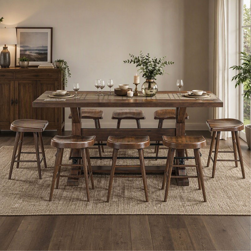Ensemble de salle à manger 7 pièces, fini brun, hauteur du comptoir, comprenant une table, un repose-pieds en métal et 6 tabourets sur une structure en bois robuste.