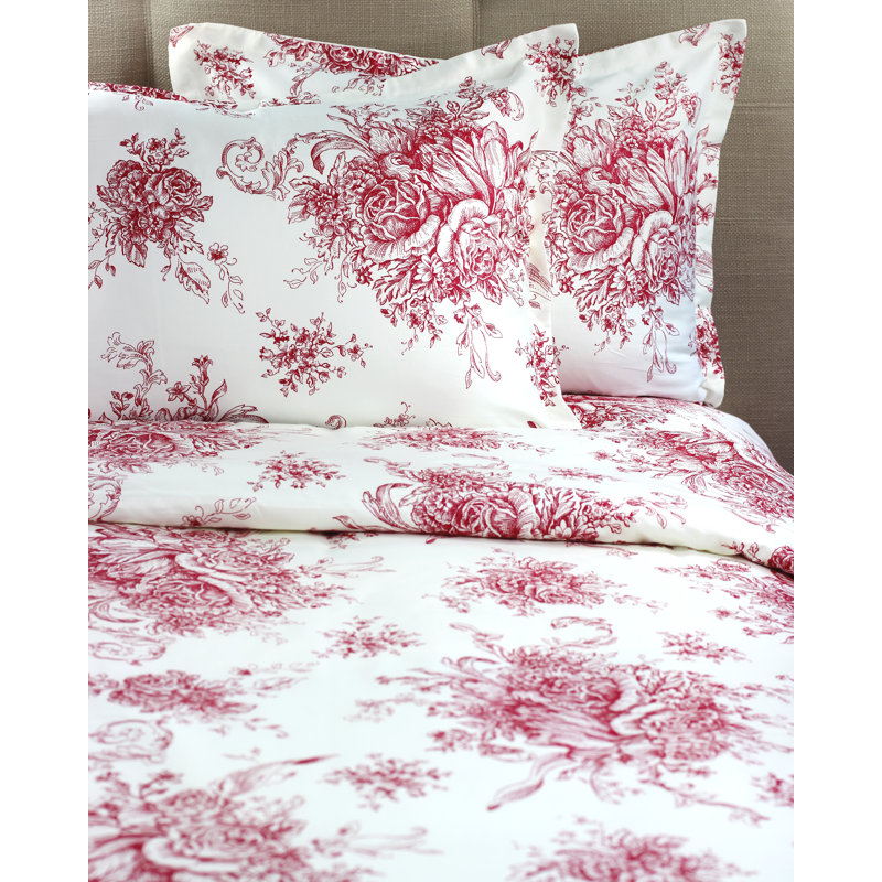Benedictine Sateen Toile Duvet Cover, Red, King Duvet Cover + 2 King Shams