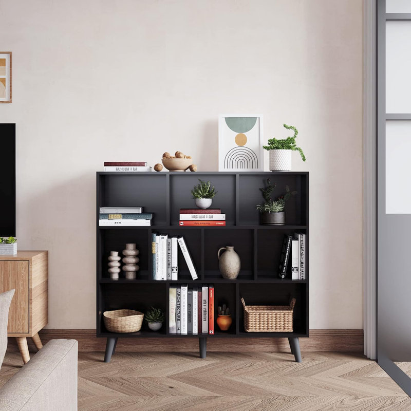 WAHEY Bookcase, 10 Cube Open Storage Display Bookshelf With Legs, HOFB013, 36.8"H x 47.2"W x 9.4"D, Obsidian Wood