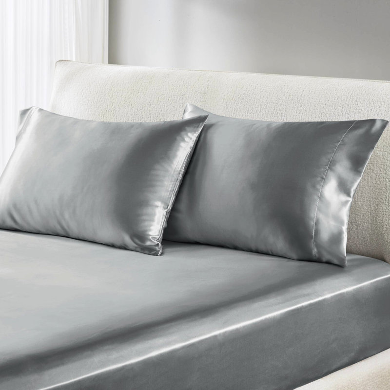 Drap simple gris 100% satin de luxe - froissé, doux pour les cheveux, 1 drap plat l 66 po x L 96 po, housse l 39 po x L 75 po, 4 taies d'oreiller à texture douce,