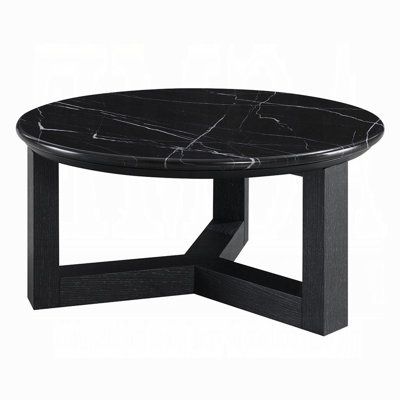 Kia Coffee Table, Round Marble Top, Three Leg Wood Base, Black 24 Inch