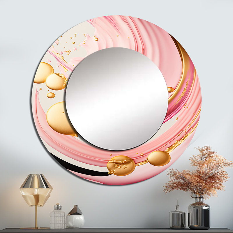 Penansky Pink And Gold Abstract Circles II - Abstract Spirals Unique Wall Mirror Decor, Modern Large Round Mirror, Printed Metal Art