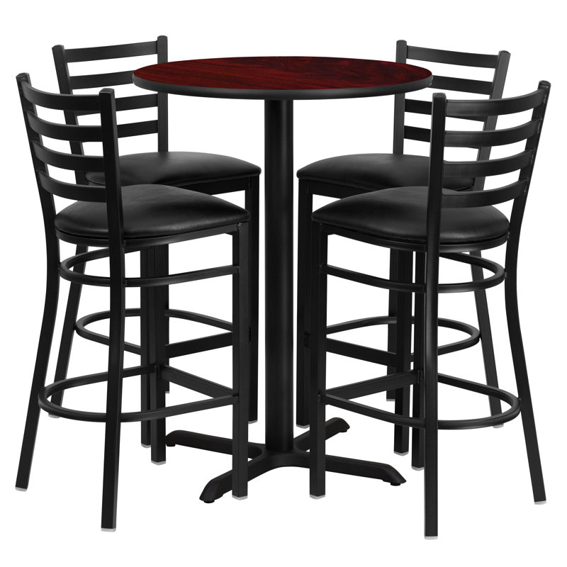 Carlton 30'' Round Laminate Table Set with X-Base and 4 Ladder Back Metal Barstools, Black, Mahogany