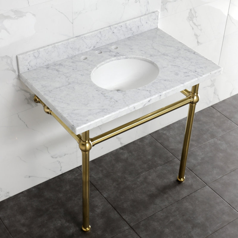 Lavabo console en marbre Carrara de 36 pouces avec pieds en laiton Kingston Templeton (8 pouces, 3 trous), Laiton brossé