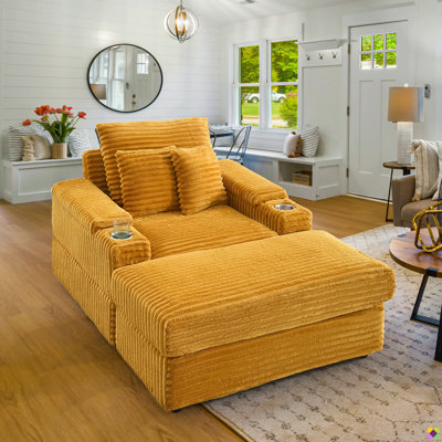 Atlai 44"W Luxury Corduroy Modular Chaise Lounge Chair, Storage Armrest, Cup Holders