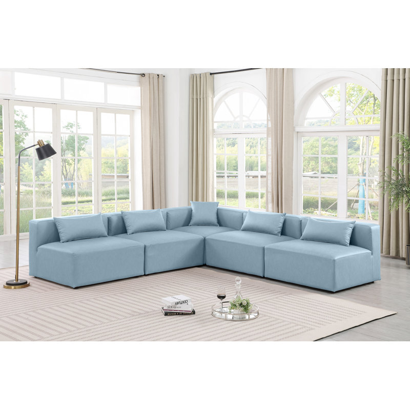 Canapé modulaire en similicuir 5 pièces Ivion, Cuir végétalien bleu clair