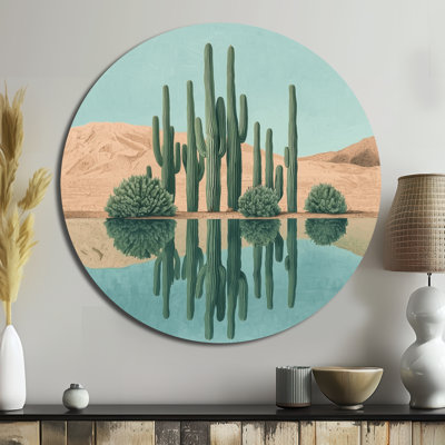 «Cactus and the Desert Oasis II», reproduction d'art sur métal vert traditionnel, art mural rond en métal Cactus