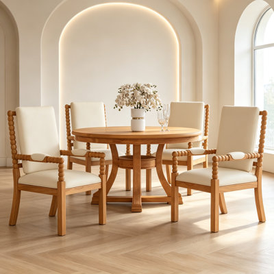 5-Piece Retro Functional Dining Table Set Extendable Round Table and 4 Upholstered Chairs for Dining Room and Living Room (Natural)