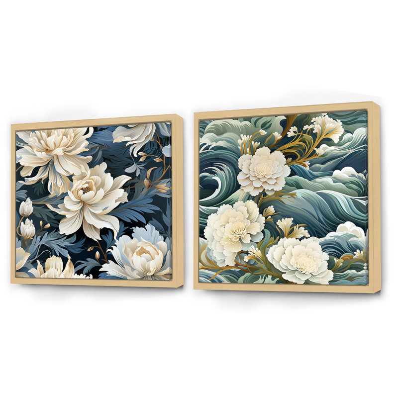 Ensemble de 2 collages carrés floraux blanc et bleu Zen Tranquility III, H 16 po x l 33 po, Cadre flottant brun