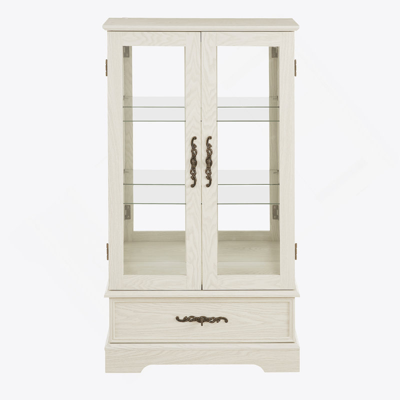 Armoire en verre avec tablettes réglables, 2 portes et tiroir pour une présentation et un rangement élégants, Blanc