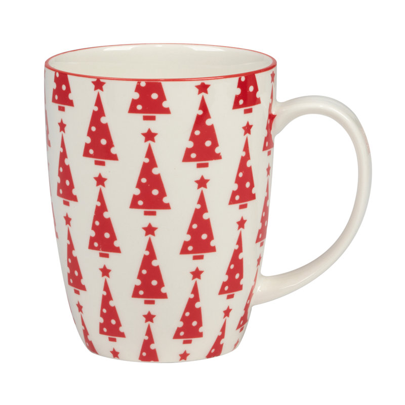 Set of 6 Red and White Ceramic Christmas Mugs