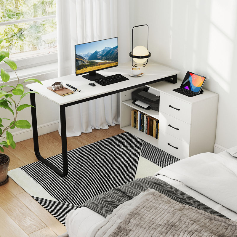 L-Shaped Metal Base Computer Desk, White