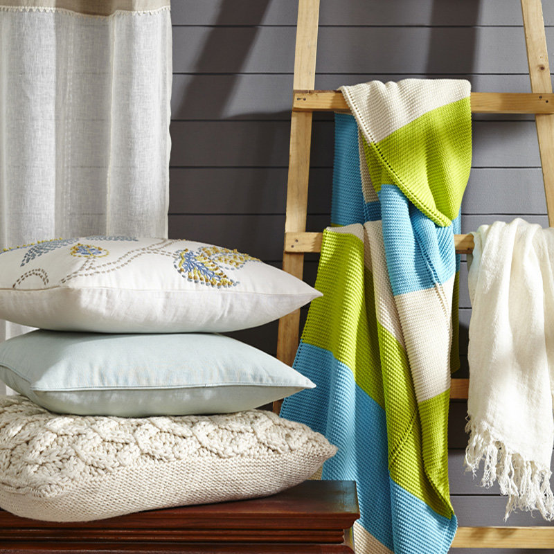 Hannah Thick Cotton Tri-Color Hand Knitted Throw Blanket, Ivory/Blue/Green