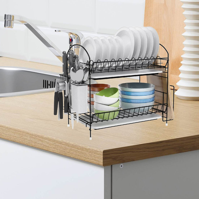 2 Tier Kitchen Stainless Steel Dish Rack with Cutlery Holder and