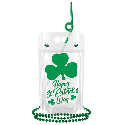 Beistle Happy St. Patrick's Day Drink Pouches – 16.9-Ounce Reusable Beverage Bags with Attached Beads & Straws, Pack of 6 for Irish-Themed Parties