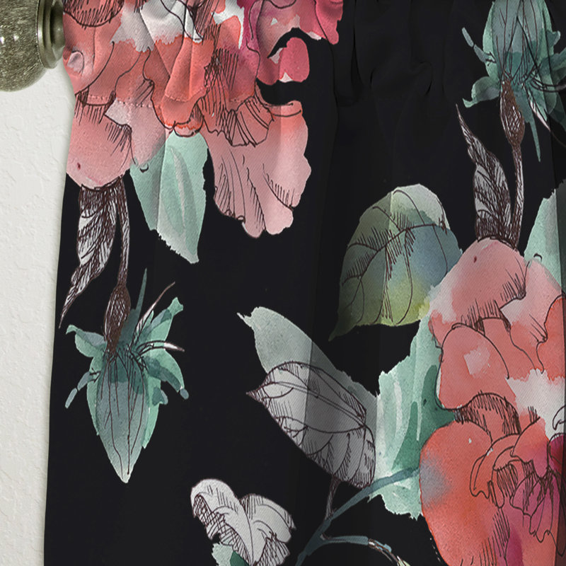 Panneau de rideau floral, rose rouge foncé occultant - Rose rouge en noir, L 52 po x L 95 po