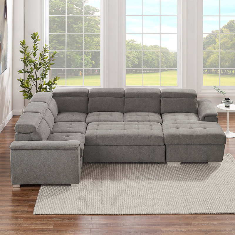 125" Modern U Shaped Sectional Sofa Couch With Storage Chaise-Pull Out Couch Bed, Light Gray