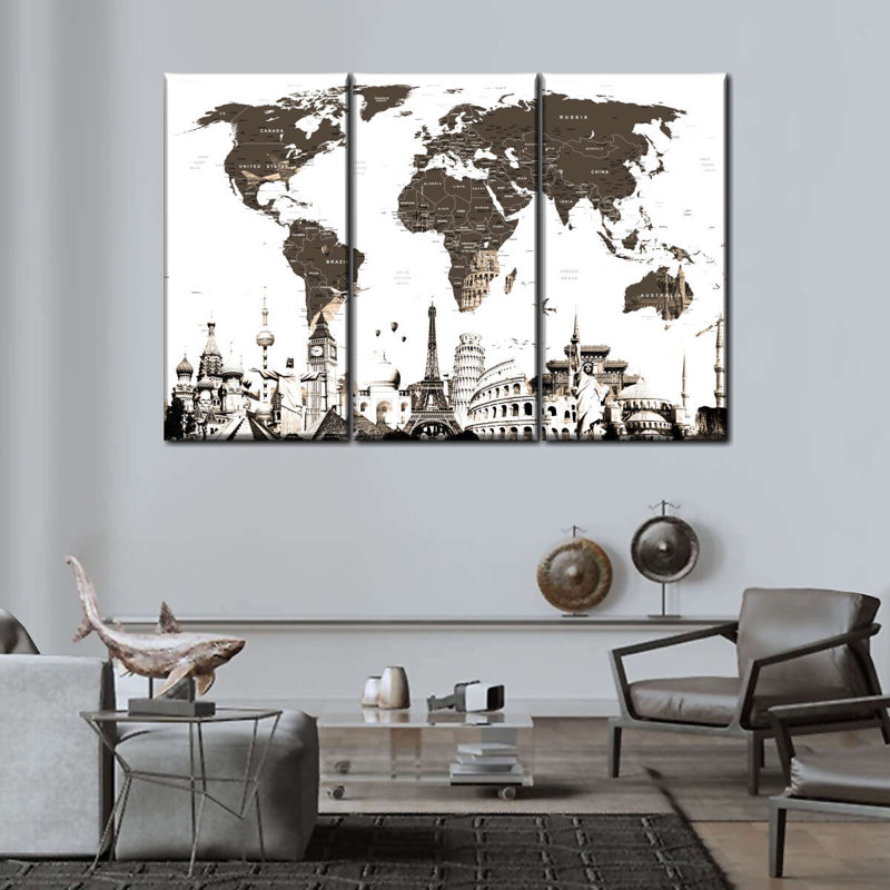 Ensemble 3 pièces carte du monde sur toile gris ardoise, H 32 po x l 50 po x P 1,25 po