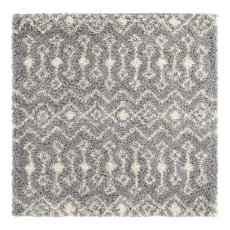 Tapis à poil long gris treillis Griego, Carré 5 pi 3 po