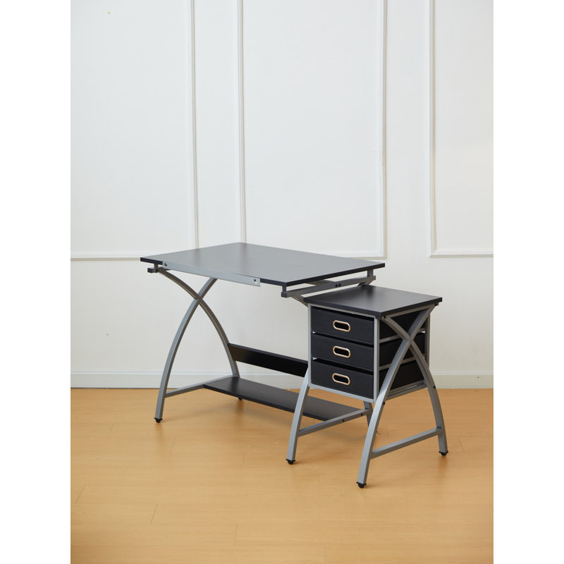 Table à dessin avec tabouret et tiroirs de rangement, Noir/gris
