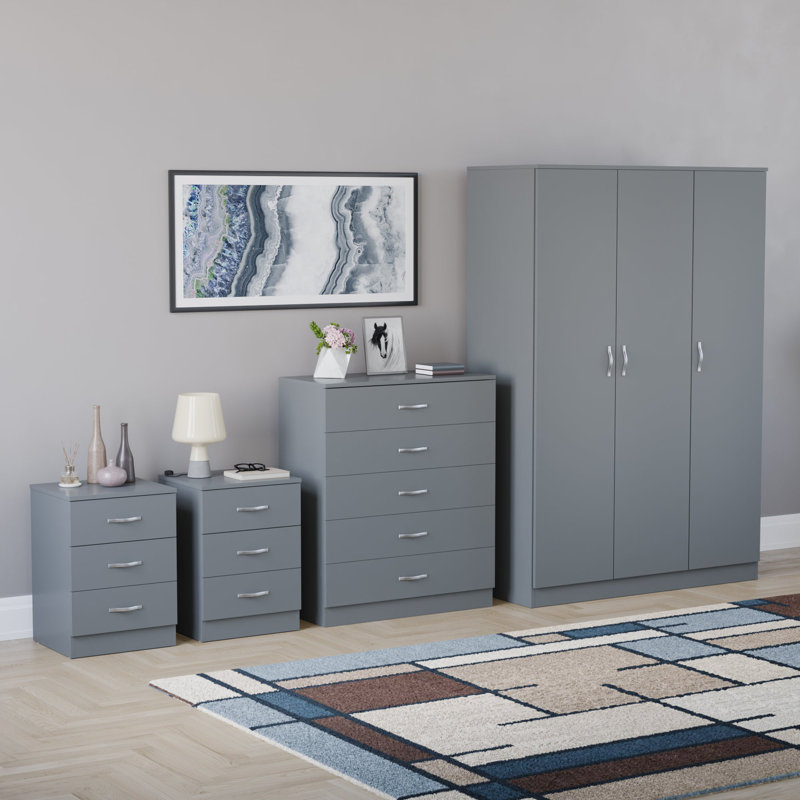 Tayce 4 Piece Bedroom Set (3 Drawer Bedside Chest X2, 5 Drawer Chest, 3 Door Wardrobe), Grey