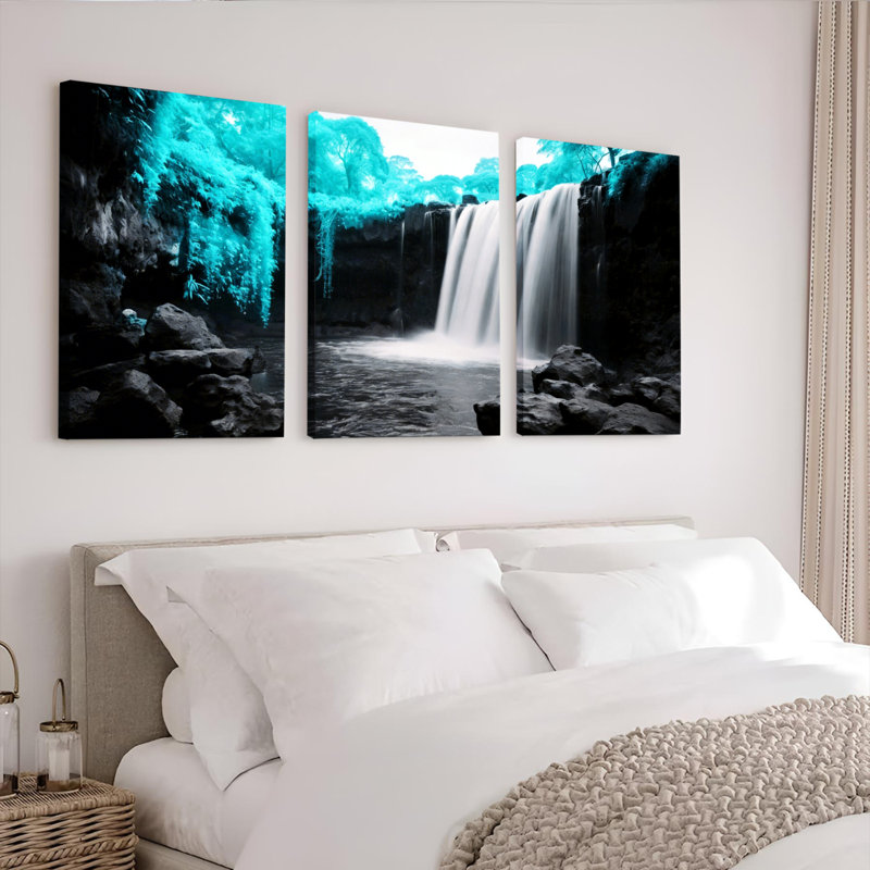 Ensemble de 3 toiles murales représentant un paysage de cascade turquoise, idéales pour la décoration du salon, de la chambre ou de la maison.