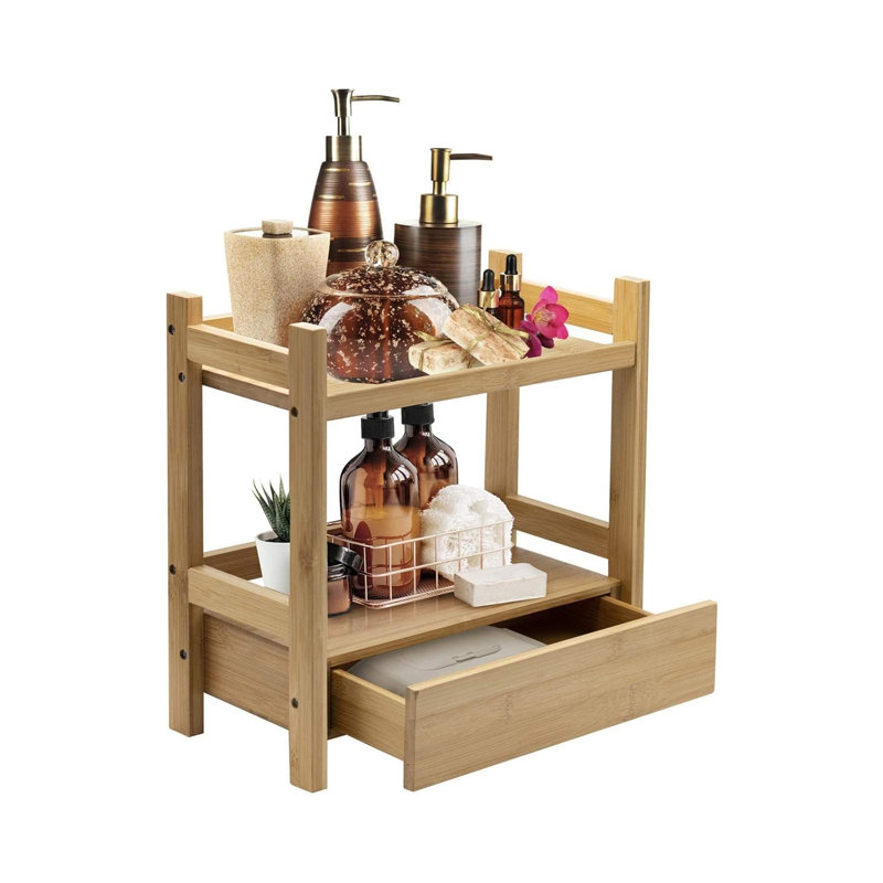 2-Tier Bamboobathroom Countertop Organizer With Hidden Drawer,Multi-Purpose Storage Neatly Stores Makeup, Toiletries Ideal For Storage And Display On Any Countertop