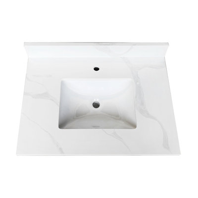 Comptoir de salle de bain 31 pouces White Quartz, évier encastré de 3/4 po d'épaisseur au centre, 4 dosserets hauts, trou de robinet pré-percé, chauffage, comptoir de meuble-lavabo idéal, comptoir simple, invité