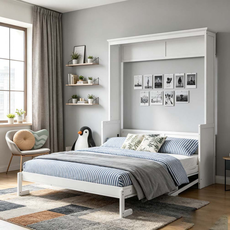 Grand lit escamotable avec tablette, Blanc