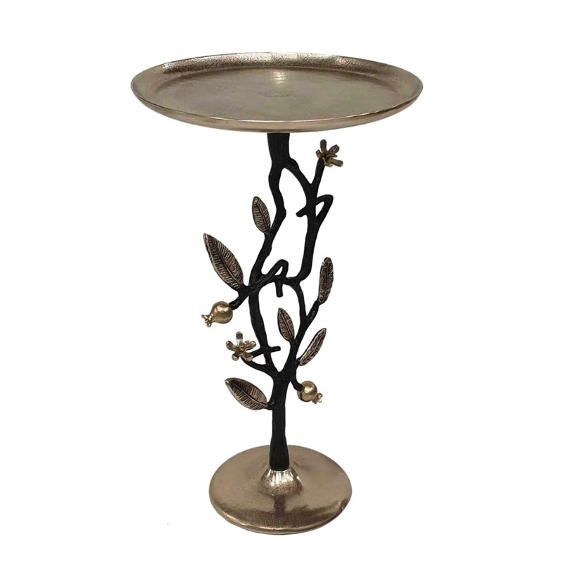 Table d'appoint en aluminium noir et doré de 35 x 35 x 61 cm avec de délicats motifs de grenade, table de chevet sophistiquée, support pour objets décoratifs ou plantes. Une solution polyvalente pour