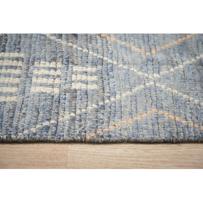 8x10 Blue Hand-Knotted Wool Diamond Lattice Tribal Modern Contemporary Carpet Rug