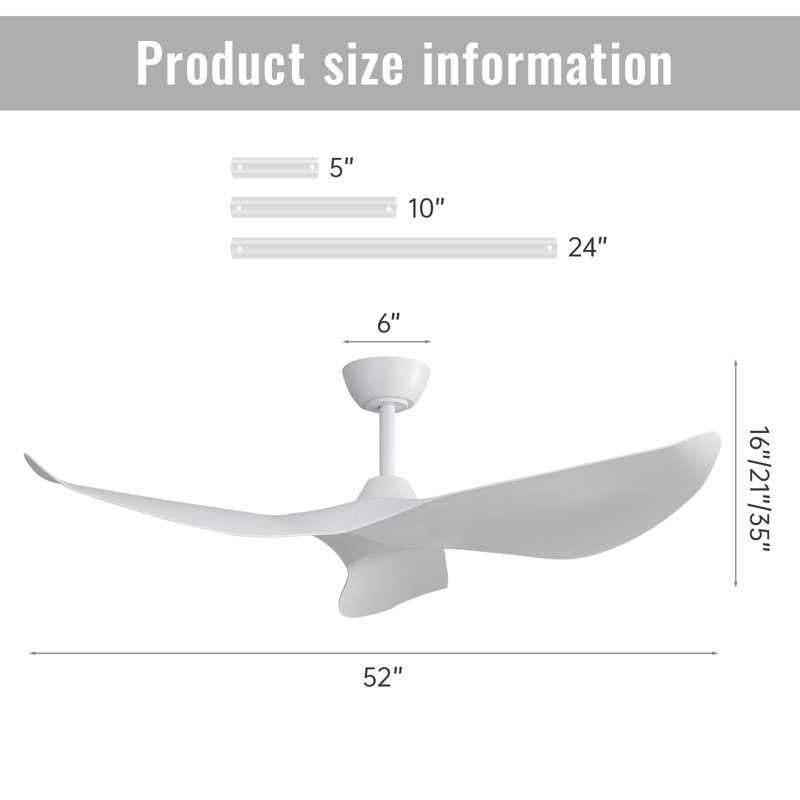 Kemp 52" 3 -ABS-Blade Propeller Modern Ceiling Fans no Light and with Remote Control, White